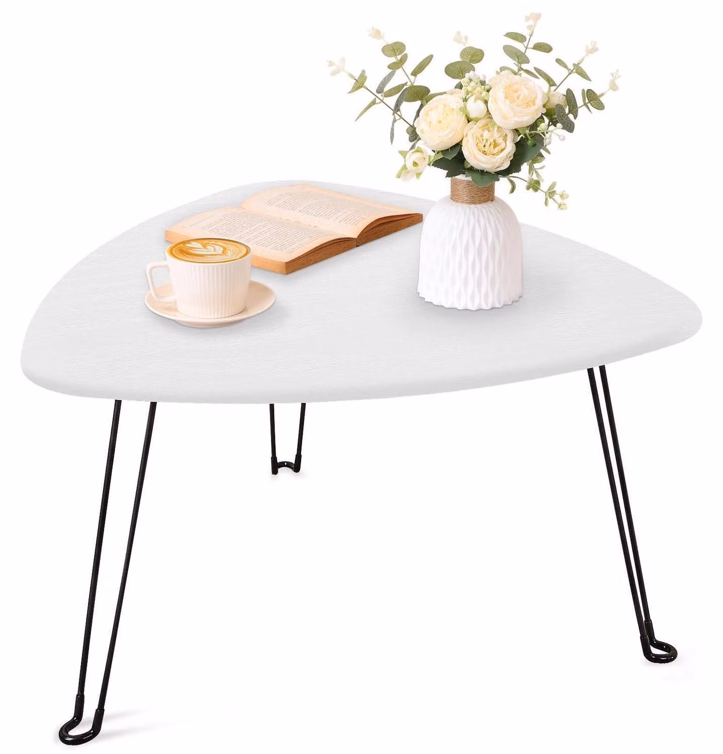 Tavolino triangolare pieghevole in legno, colore bianco, dimensioni 72x72x42,5 cm