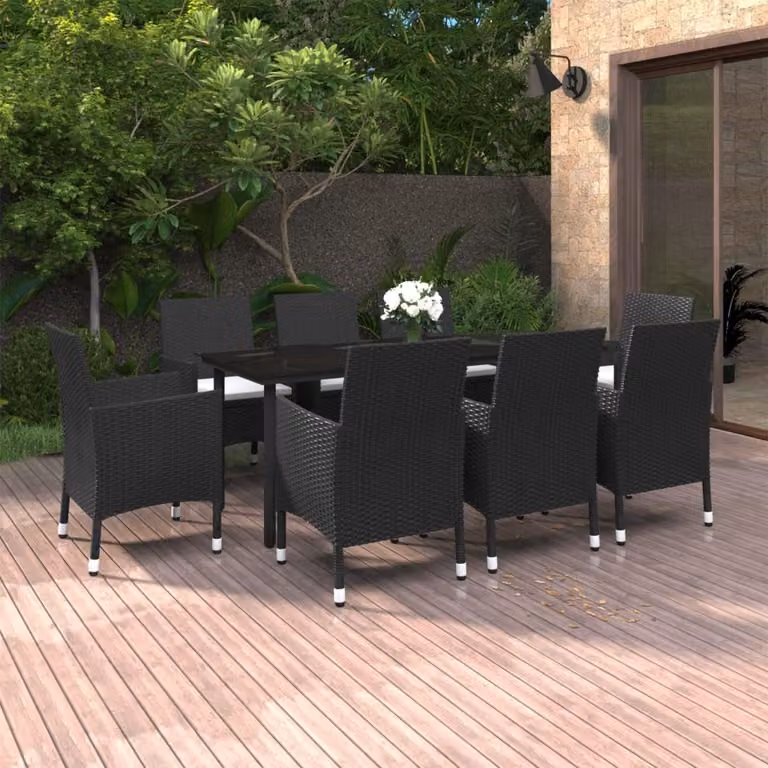 The Living Store Set da pranzo da giardino da 9 pezzi con cuscini in poly rattan e vetro