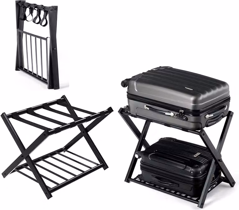 Portabagagli pieghevole, ripiano portaoggetti in metallo, porta valigie, supporto salvaspazio, porta valigie, portabagagli per camera degli ospiti, hotel, camera da letto, 68 x 43 x 58 cm, nero (2 pezzi)