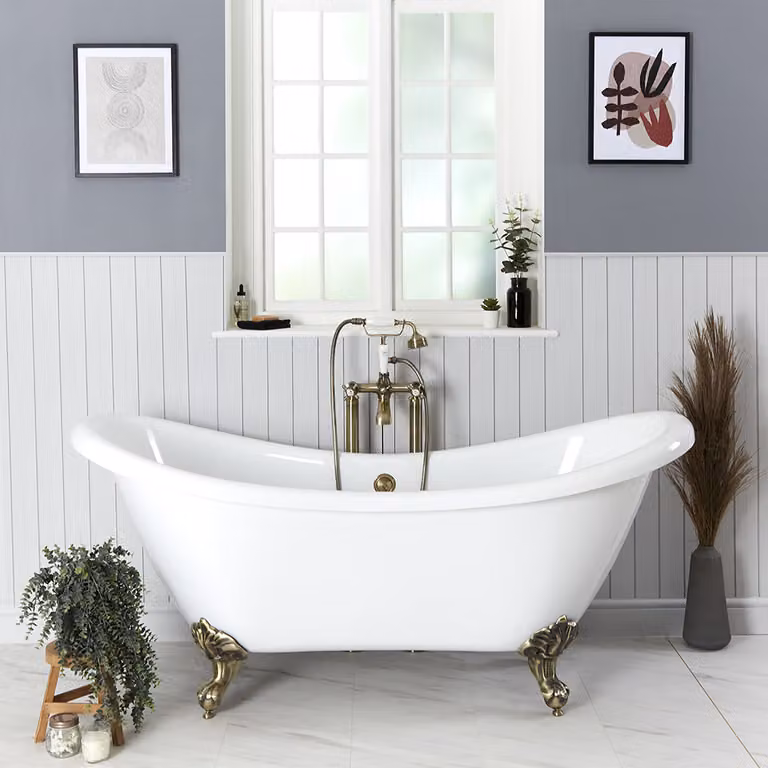 Vasca da Bagno Centro Stanza a Doppio Schienale con Piedini Oro Spazzolato 1750 x 680mm - Legend
