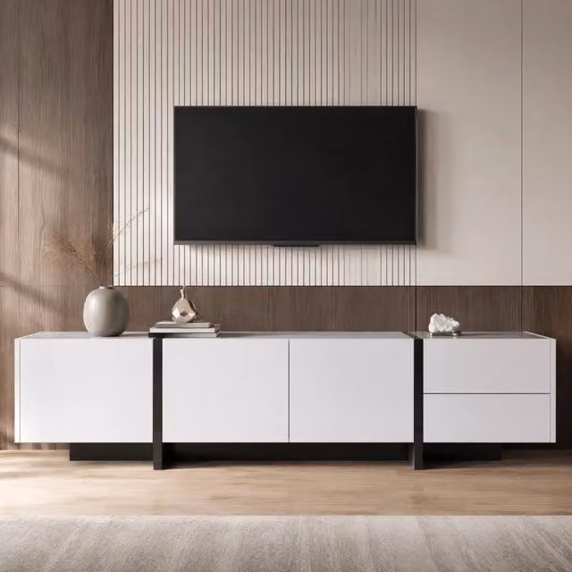 Mobile TV lucido 190 cm con 3 ante e 2 cassetti; pannello truciolare; bianco e nero