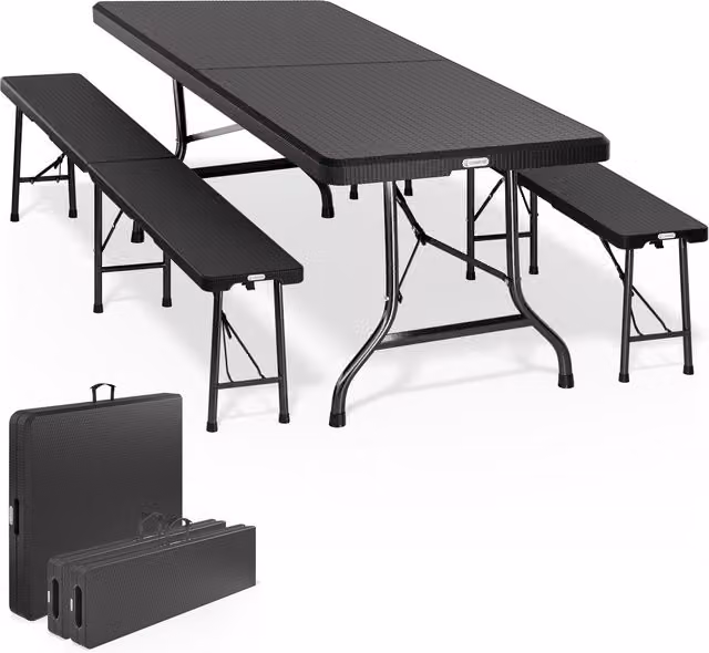 Set Tavolo e Panchine Malmö Casaria in Polyrattan Nero per Giardino e Terrazzo L: 180 cm – 1