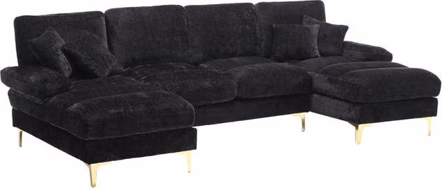 Divano modulare a U in Chenille con doppio schienale reclinabile, struttura in legno e piedi in metallo dorato, 272x136x88 cm