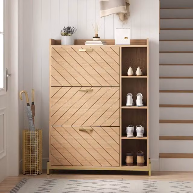 Desviae Scarpiera a tre ante a ribalta con chiusura ammortizzata e ripiani laterali aperti in MDF naturale 90 × 24 × 119 cm