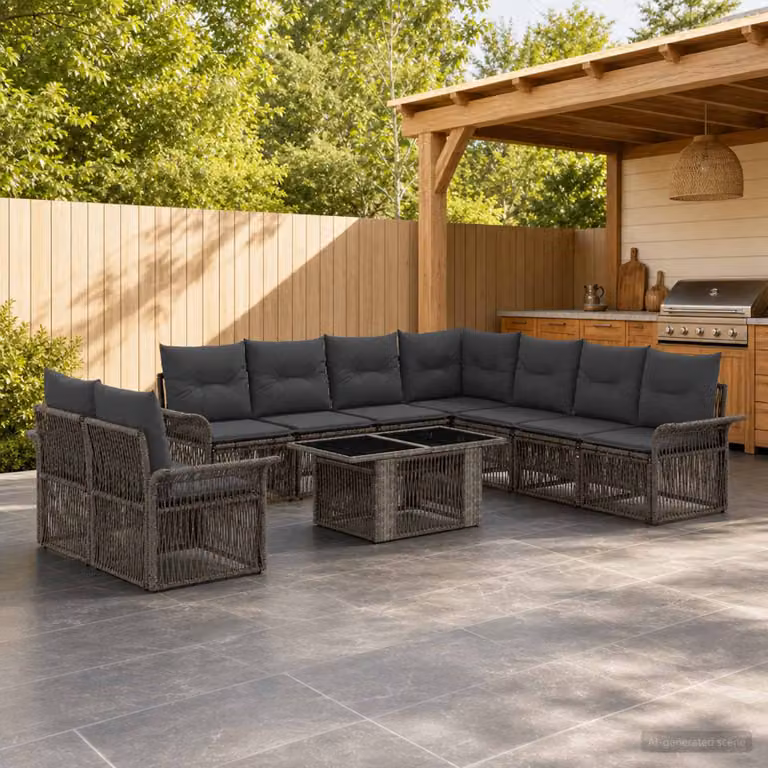 Set Divano da Giardino vidaXL 10 Pezzi in Polyrattan Grigio con Cuscini e Tavolino da Esterno