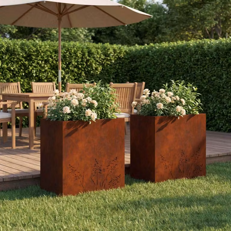 Set di 2 vasi da giardino vidaXL in acciaio Corten colore marrone L: 50 cm, P: 30 cm, H: 49 cm