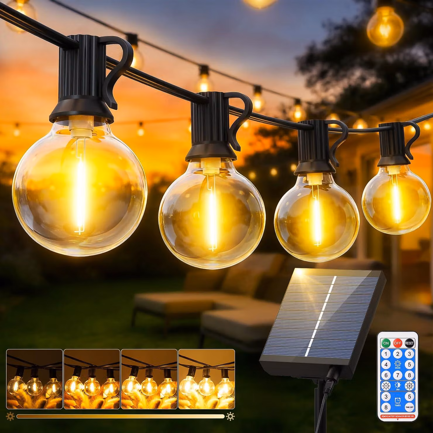 Catena luminosa solare, 15 metri, 20+1 lampadine G40, luce bianco caldo, dimmerabile, grado di protezione IP65