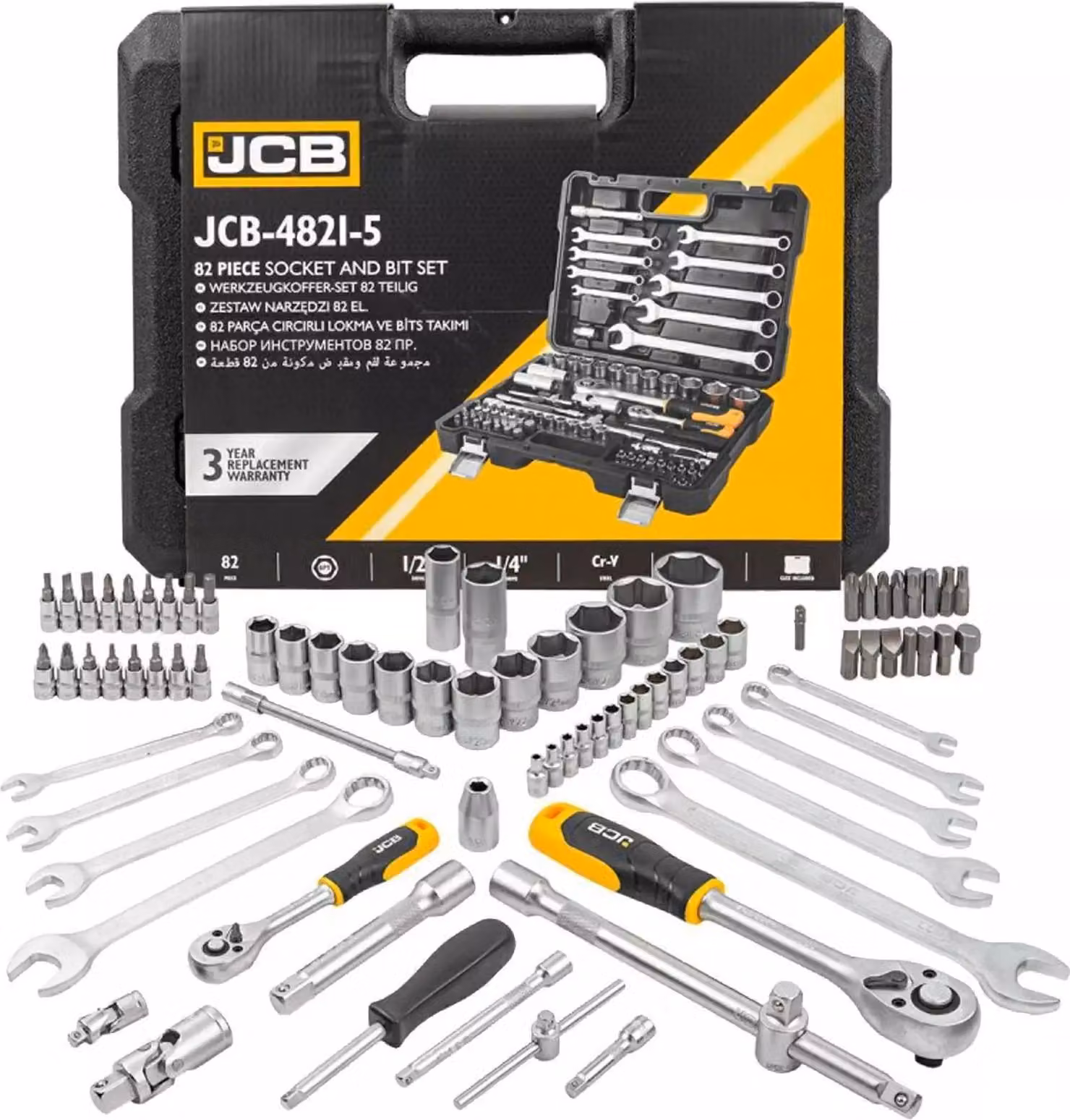 JCB | Set di utensili, 82TLG, esagono, 4-32 mm, valigetta degli attrezzi riempita, cassetta degli attrezzi, cassetta degli attrezzi