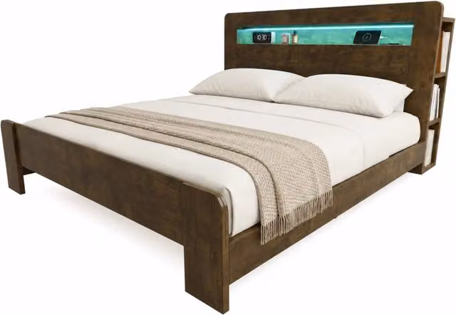 Letto matrimoniale 180x200 in legno con testiera contenitore， LED integrati， prese elettriche e design moderno effetto vintage， senza materasso