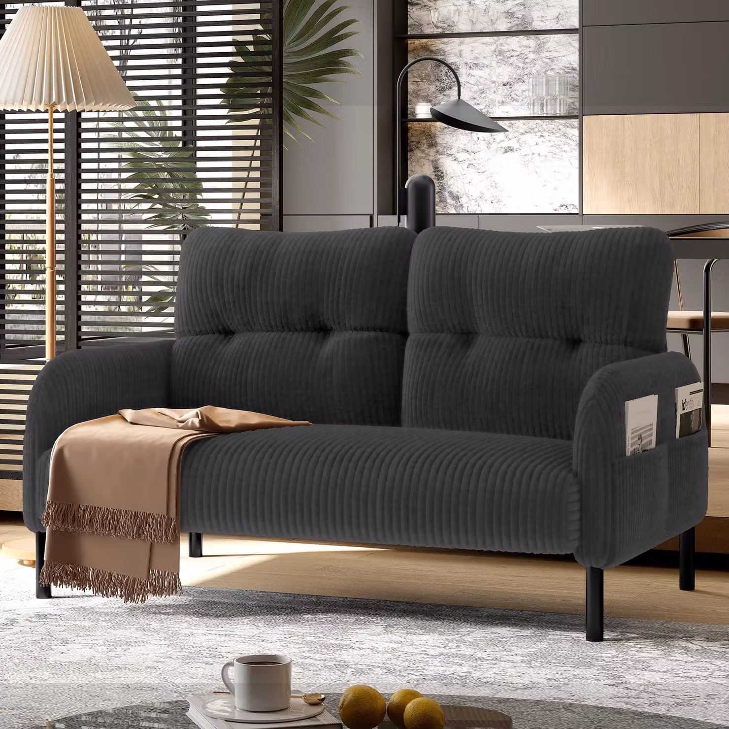 MODFU Divano relax moderno per due persone, mobile imbottito con piedini in metallo e tasche laterali, divano lounge con effetto di sostegno ottimale in velluto a coste, grigio