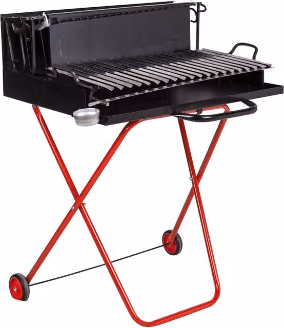 Barbecue a Legna Portatile Made in Italy con Griglia in Acciaio Inox, Ripiano Recupera Grassi e Ruote, Colore Nero, Taglia Large