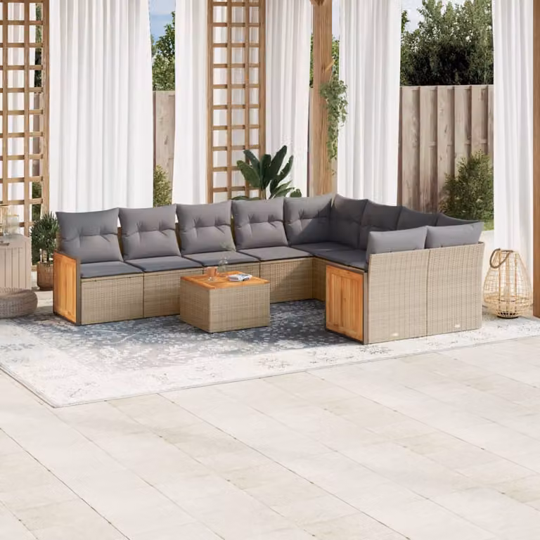 vidaXL Set Divano da Giardino 10 pz in Polyrattan con Cuscini Beige e Grigio per Terrazza e Giardino