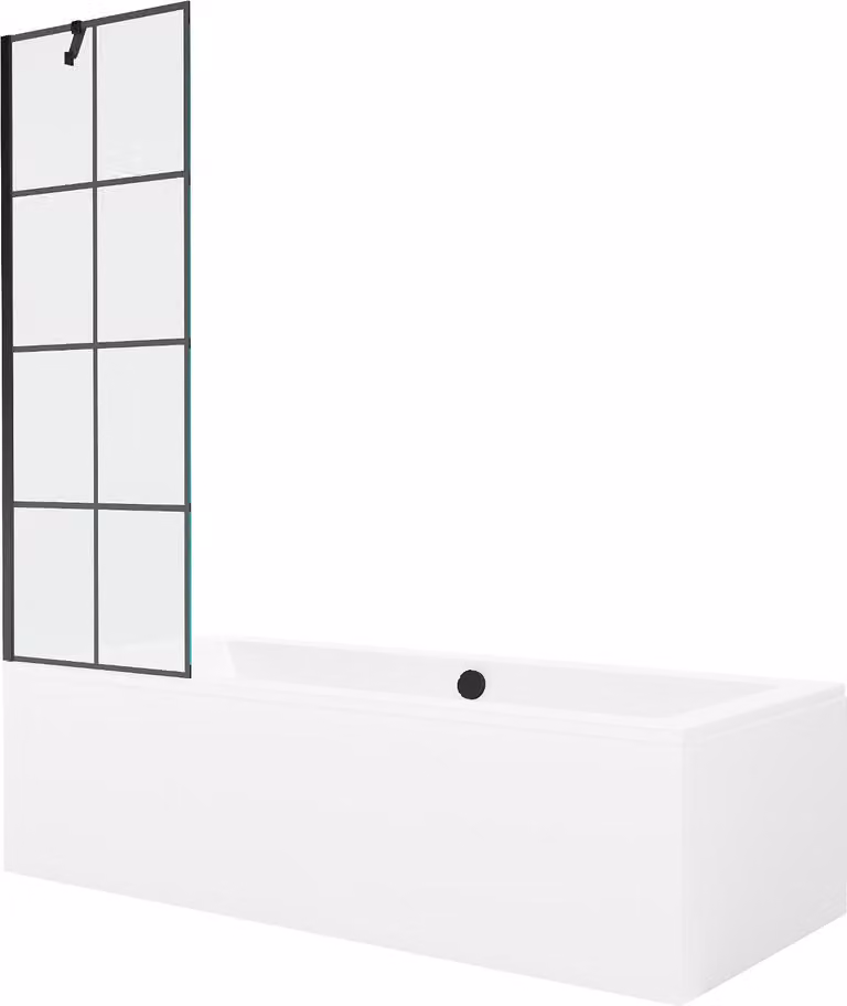 Mexen Cube vasca da bagno rettangolare 180 x 80 cm con pannello e paravento a 1 anta 60 cm, motivo nero - 550518080X9506007077