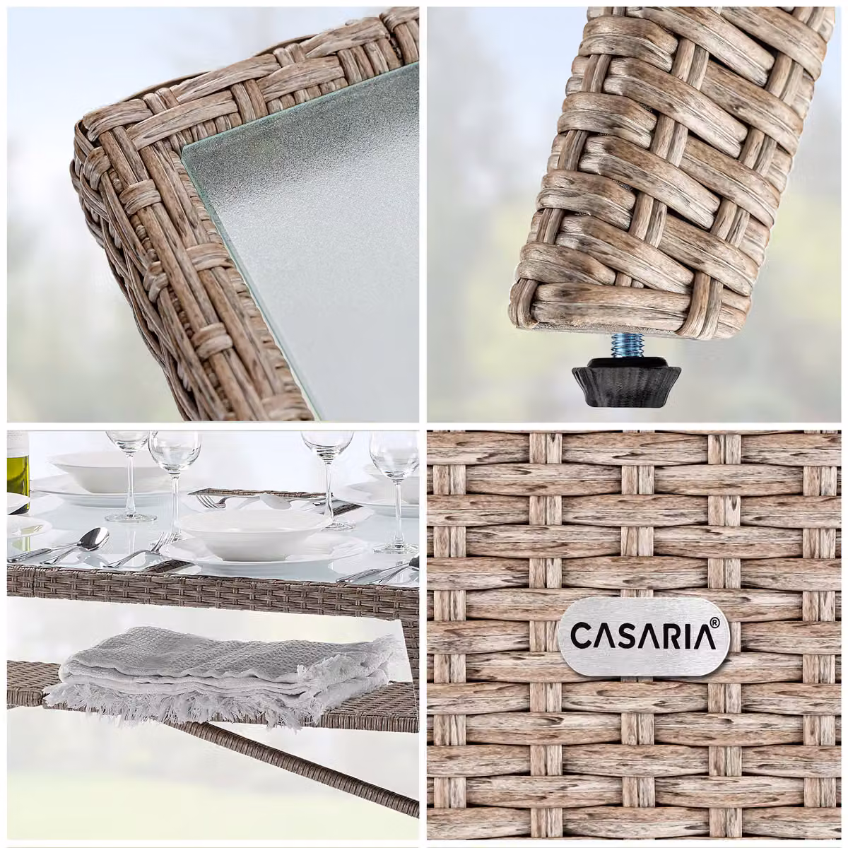 Tavolo da giardino rettangolare CASARIA in polyrattan beige con piano in vetro, estensibile, L: 160 cm, P: 90 cm, H: 74 cm – 3