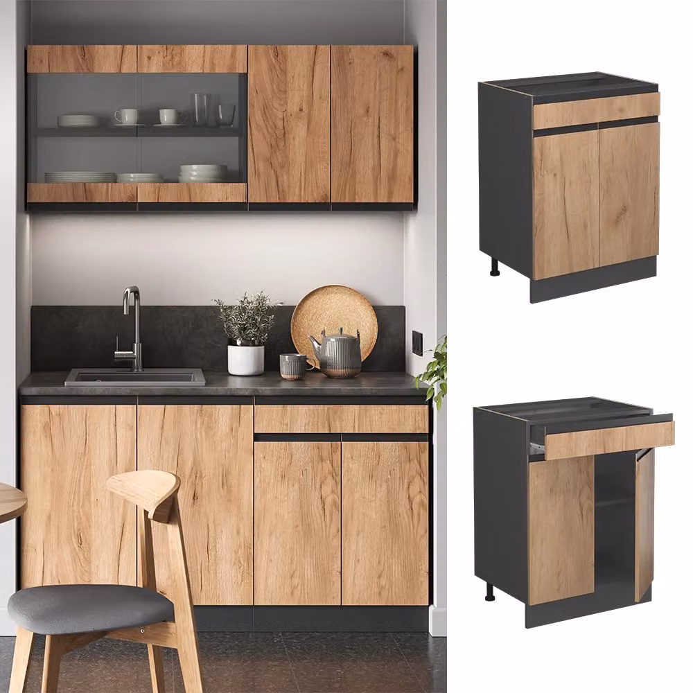 Mobiletto base per cucina Vicco R-Line Rovere dorato e Antracite con cassetto e forma a J, senza piano di lavoro – 2