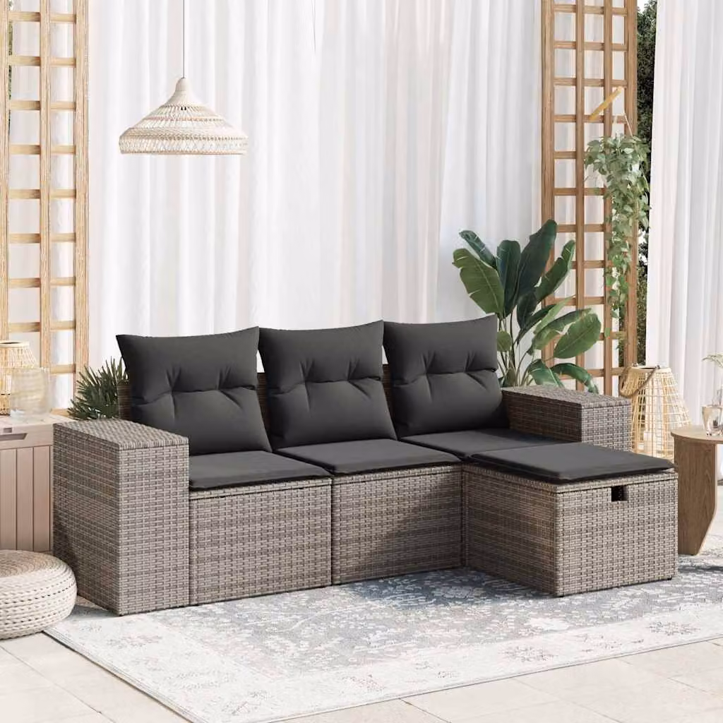 Set di divani da giardino vidaXL in polyrattan grigio con cuscini, componibile a forma di L per esterno e terrazza