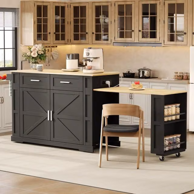 Carrello da cucina con piano estraibile, 2 cassetti, armadio a 2 ante e prese USB, MDF nero rovere, 130 × 50 × 93 cm