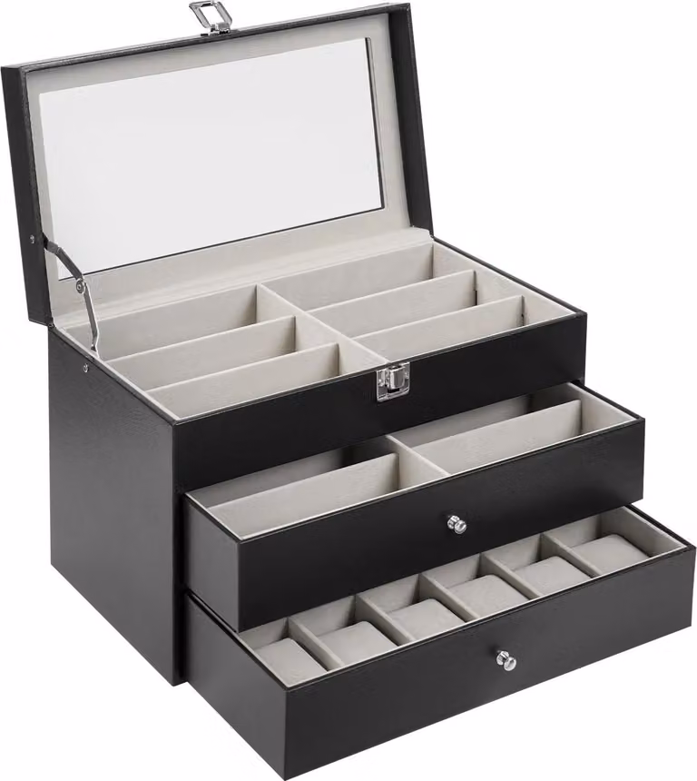 Espositore per orologi e occhiali - Scatola portaoggetti - 24 scomparti (12 per orologi + 12 per occhiali) - 3 ripiani - Coperchio in vetro -  - Cassetto - Nero