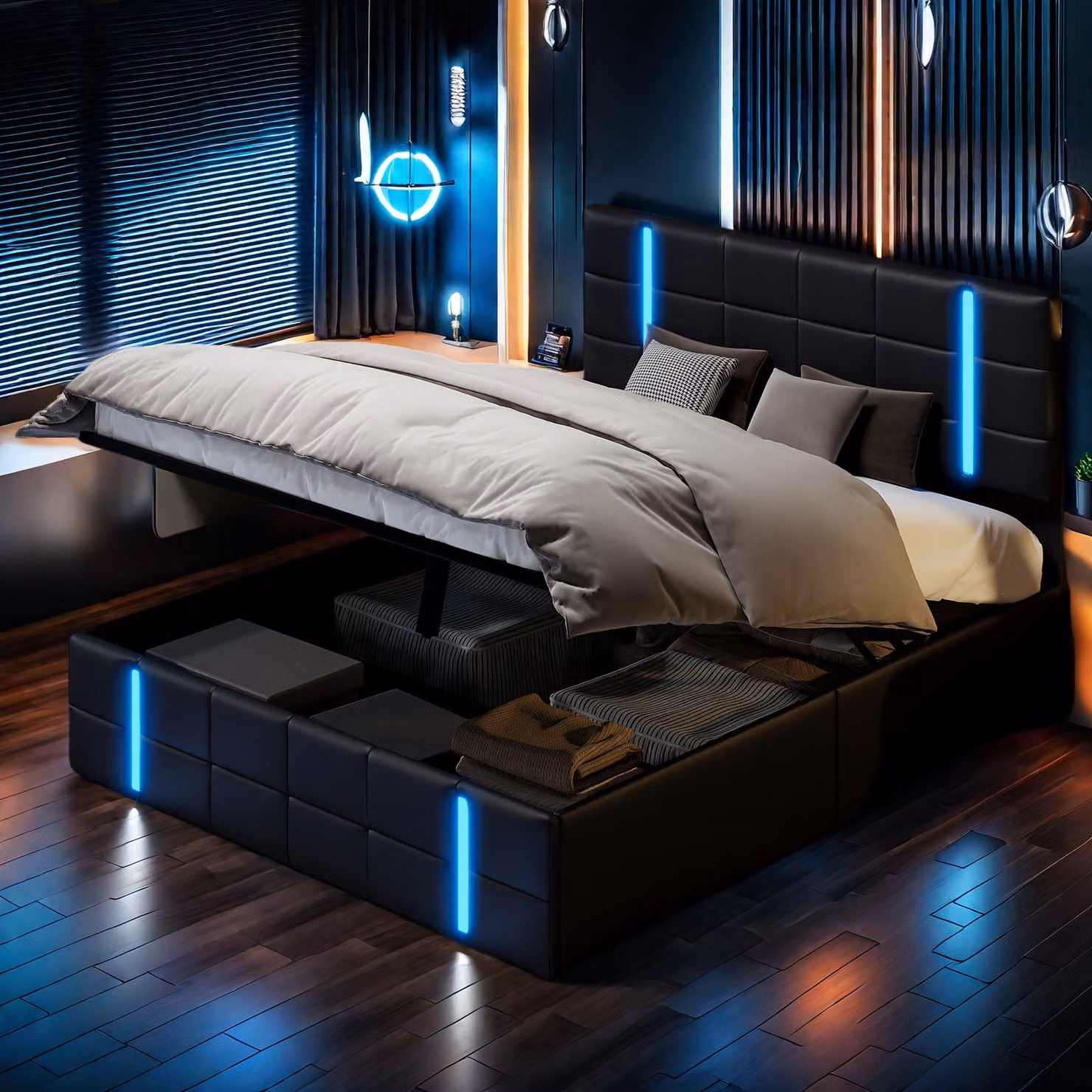 Letto imbottito 140x200cm con funzione di ricarica (USB&Typ-c), cassettiera, letto per ragazzi letto matrimoniale con rete a doghe e contenitore, letto contenitore con LED, PU