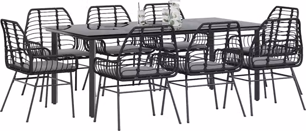 Set da Pranzo da Giardino 9 pz con Cuscini Polyrattan Vetro