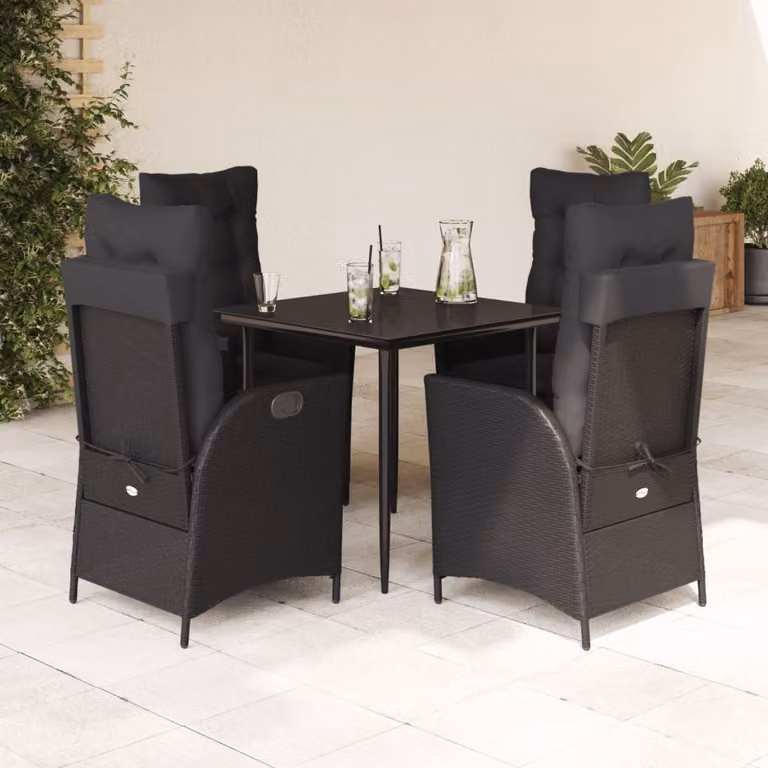 Set da Pranzo da Giardino vidaXL 5 pz in Polyrattan Nero con Piano in Vetro e Cuscini