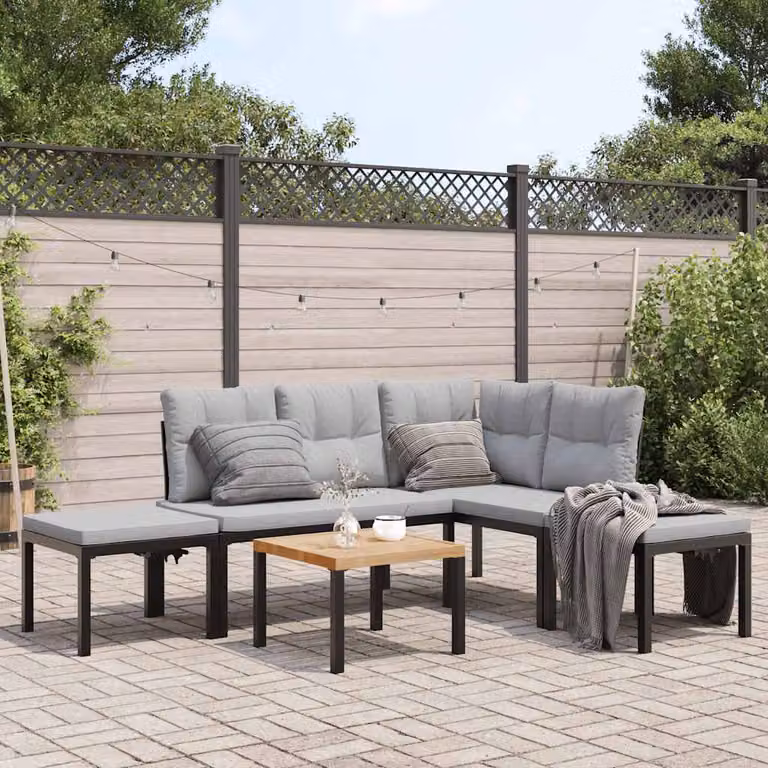 Set Divano da Giardino a L vidaXL con 5 Cuscini in Acciaio Verniciato a Polvere e Tessuto Resistente ai Raggi UV Nero