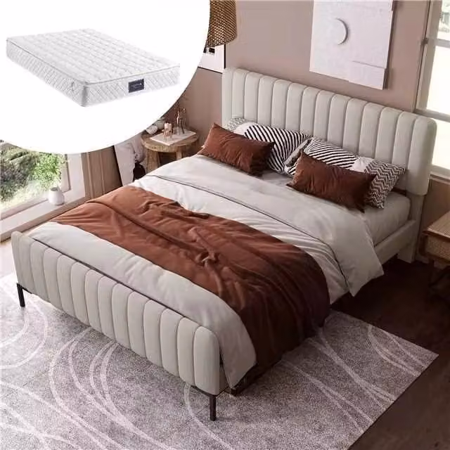 Letto imbottito matrimoniale 160 × 200 cm con testiera regolabile e rete a doghe, senza materasso, grigio beige