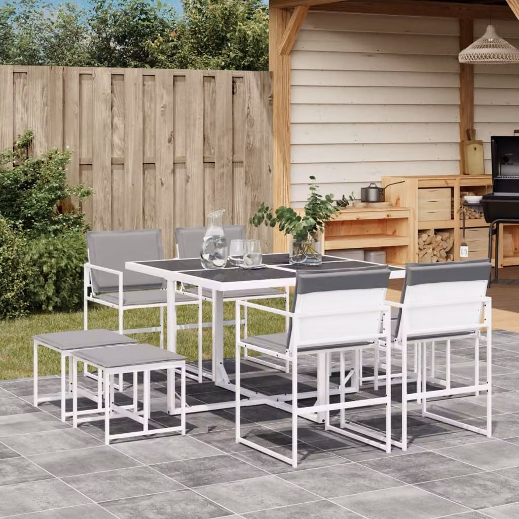 Set da Pranzo da Giardino vidaXL 9 pz in Acciaio Verniciato e Vetro Bianco e Grigio – 1