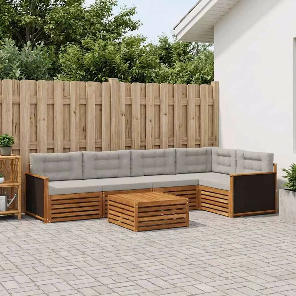 Set di divani da esterno vidaXL 6 pz in legno di acacia con tavolo da caffè e cuscini, beige e grigio chiaro