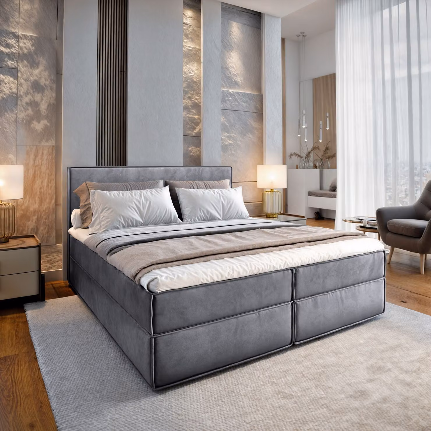 Letto a molle Masseno PELLIO 160x200 cm completo di materasso e topper Bonell, letto imbottito con cassettiera -grigio, MONOLITH 85