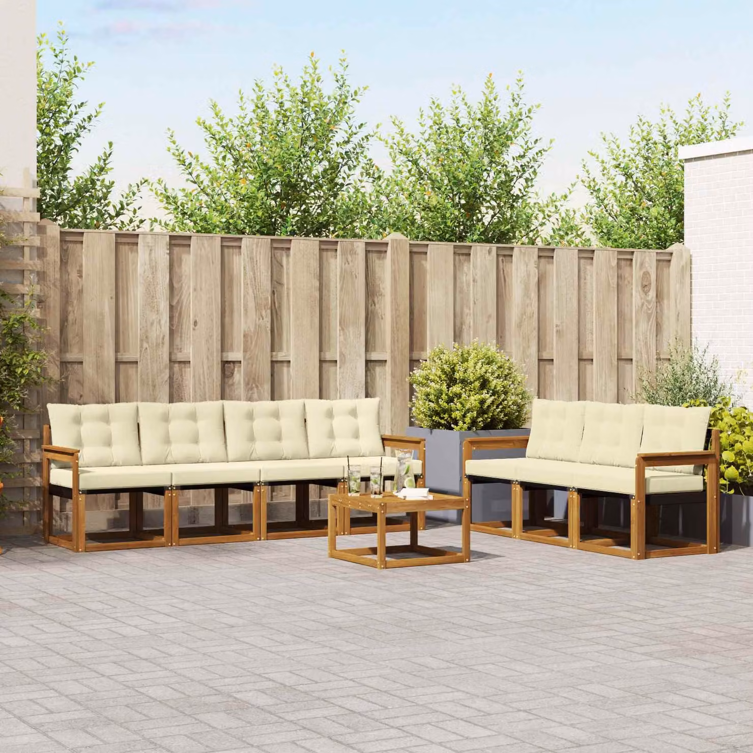 Set di divani da esterno vidaXL 8 pezzi in legno di acacia con cuscini beige e bianco per giardino e terrazza