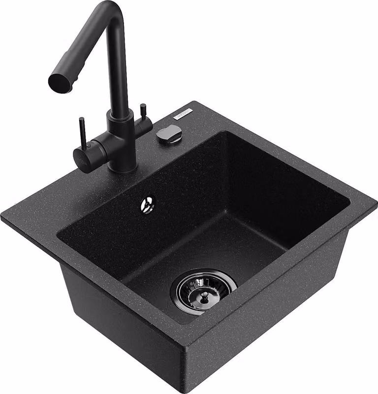 Mexen Milo lavello in granito a 1 vasca con rubinetto da cucina Duero, nero/oro metallizzato - 6505-75-671600-70-B