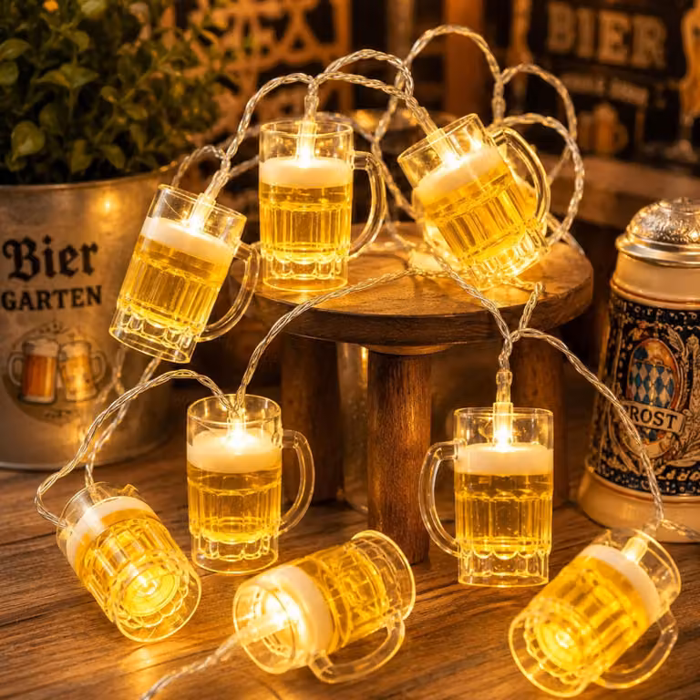 Catena luminosa a forma di boccale di birra, lunghezza 3 metri, 20 LED, alimentazione a batteria, luce bianco caldo