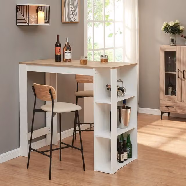 Tavolo alto da bar Danderyd en.casa con 3 ripiani laterali, Bianco e Effetto Rovere, L: 120 cm, P: 60 cm, H: 106 cm