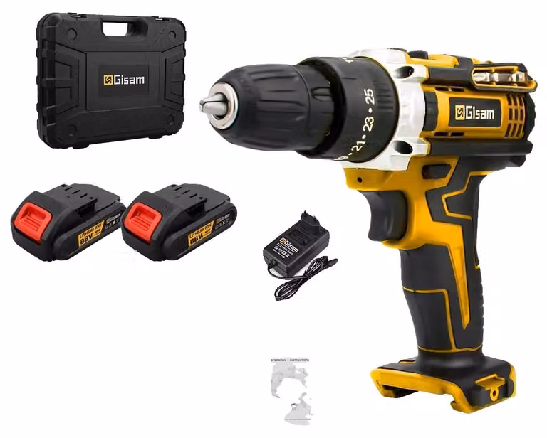 Trapano avvitatore a percussione, coppia di 25 Nm, controllo della velocità a due gamme, 2 batterie (colore giallo)