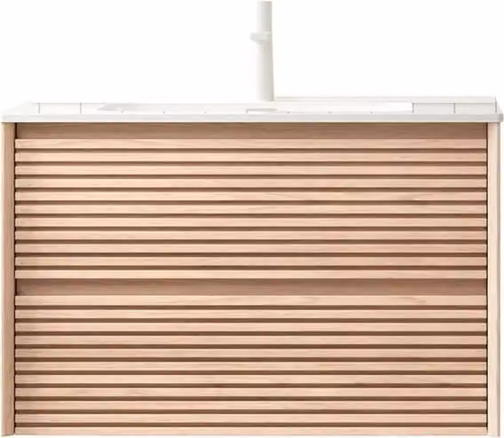 Mobile sottolavabo sospeso per bagno con lavabo in ceramica e 2 cassetti con chiusura ammortizzata, noce naturale e bianco