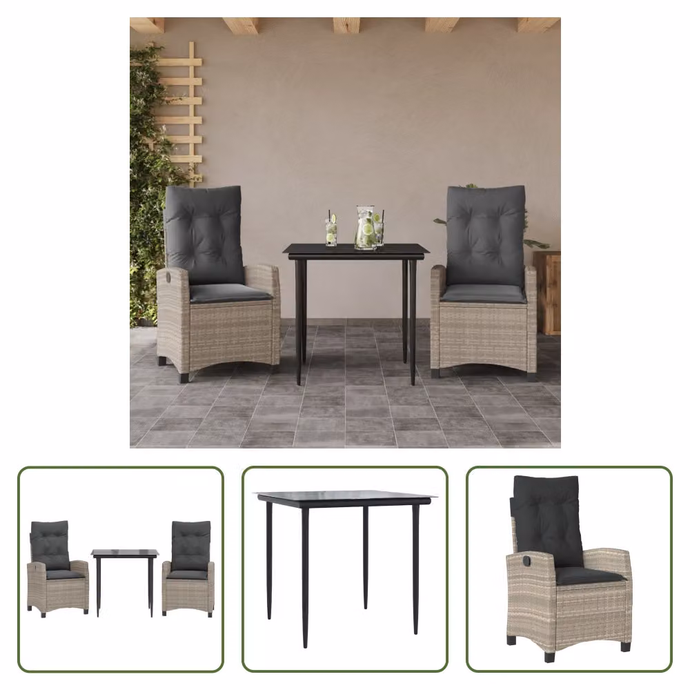 The Living Store Set da pranzo da giardino 3 pezzi con cuscini in rattan grigio chiaro