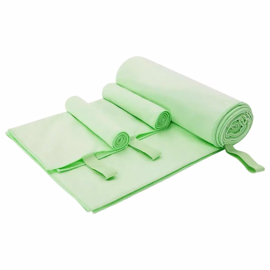 Set di 3 asciugamani sportivi vidaXL in microfibra verde, resistenti alla sabbia e ad asciugatura rapida, L: 210 cm, P: 100 cm