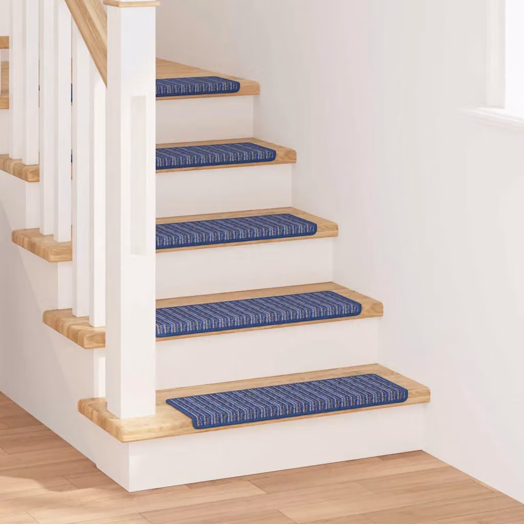 Set di 15 tappetini autoadesivi per scale vidaXL, antiscivolo e fonoassorbenti, design a righe blu, L: 65 cm, P: 21 cm, H: 4 cm