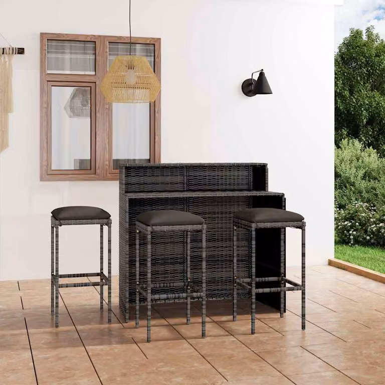 Set Bar da Giardino vidaXL in Polyrattan con Cuscini Grigio Antracite, 4 Pezzi