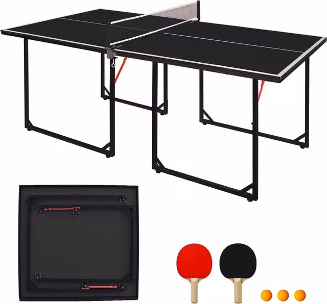Tavolo da ping pong pieghevole ULEVR 182x91 cm con rete, 2 racchette e 3 palline, MDF e acciaio nero