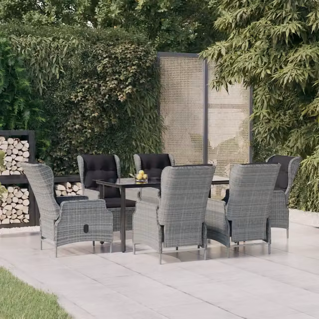 Set da pranzo da giardino vidaXL in polyrattan e vetro, 7 pezzi, Grigio e Nero – 1