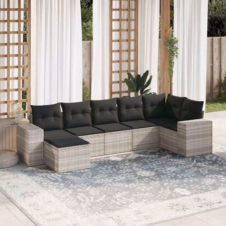 Set di divani da giardino vidaXL in polyrattan grigio con cuscini, componibile a L per esterno