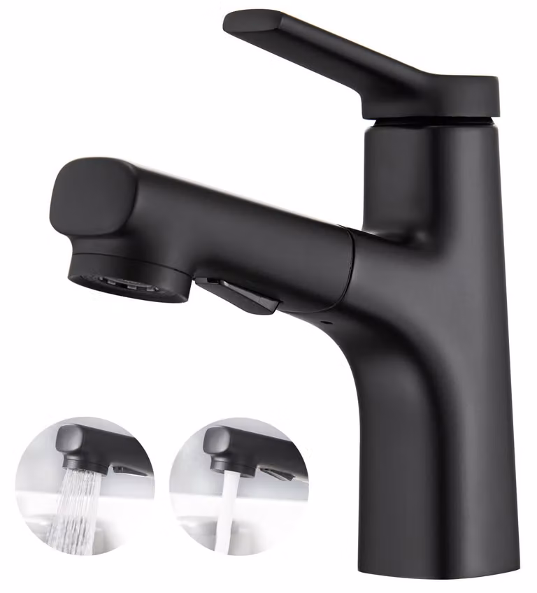 Miscelatore monocomando per lavabo, nero, con estensione e 2 tipi di getto