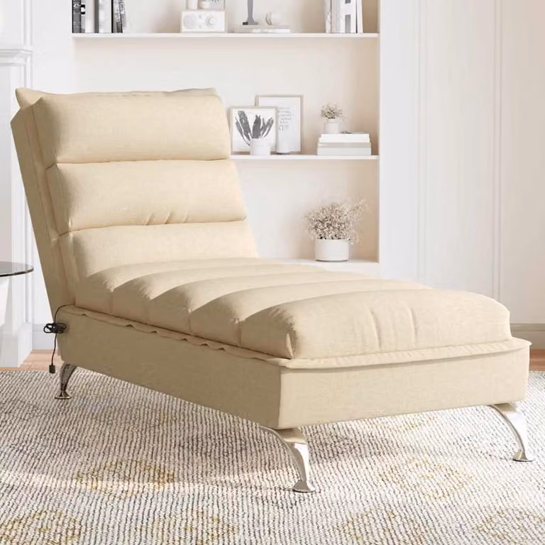 vidaXL Chaise Longue con Massaggio e Cuscini, Beige, in Tessuto con Ricarica USB, L/P/H: 133.5 x 56.0 x 74.0 cm