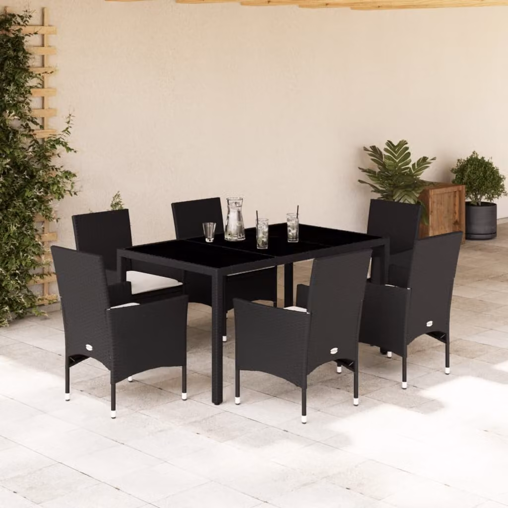 Set Pranzo da Giardino vidaXL 7 pz in Polyrattan e Legno di Acacia con Piano in Vetro Nero – 1