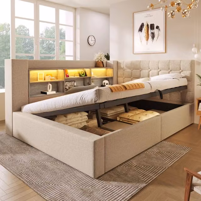 Letto matrimoniale WISHDOR con contenitore a sollevamento, luci LED, porte USB e testiera reversibile, beige, L 140 x P 200 cm, H 158 cm