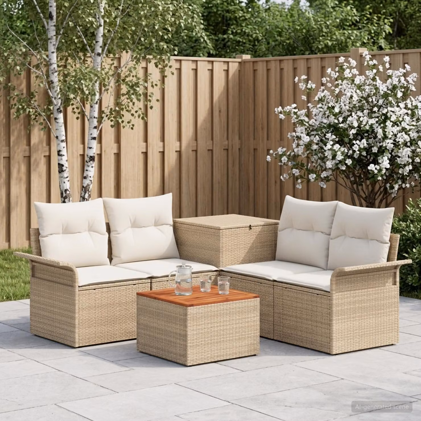 Set di divani da giardino vidaXL a forma di U composto da 6 pezzi con tavolino, colore beige e bianco crema