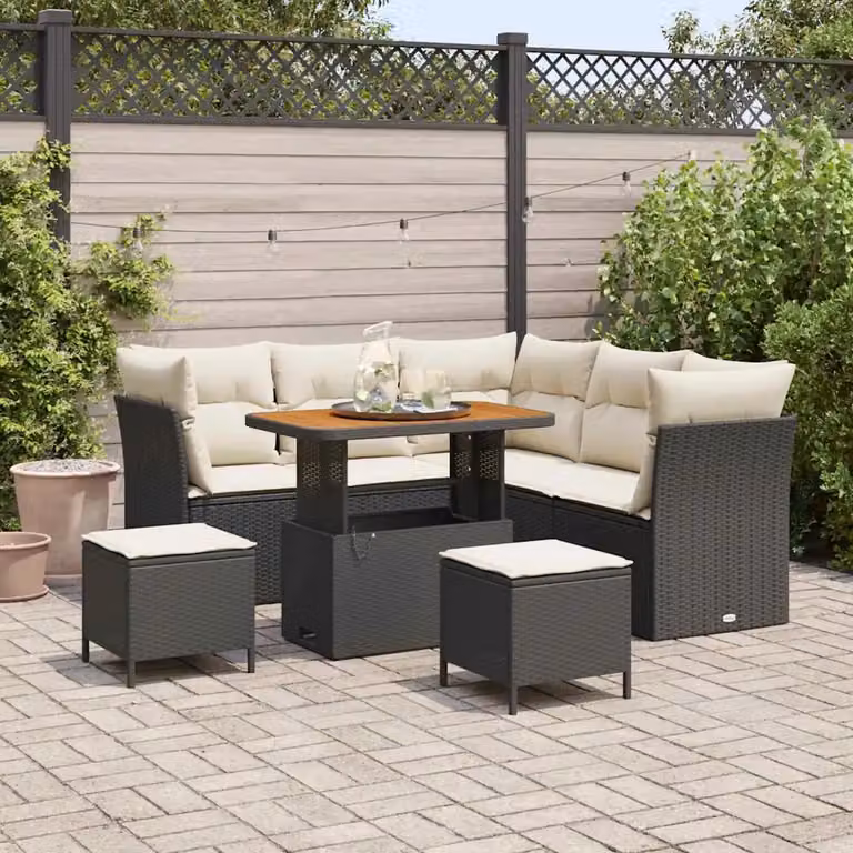vidaXL Set Divano da Giardino a L con Tavolino e Ottoman, 8 Pezzi, Nero e Beige