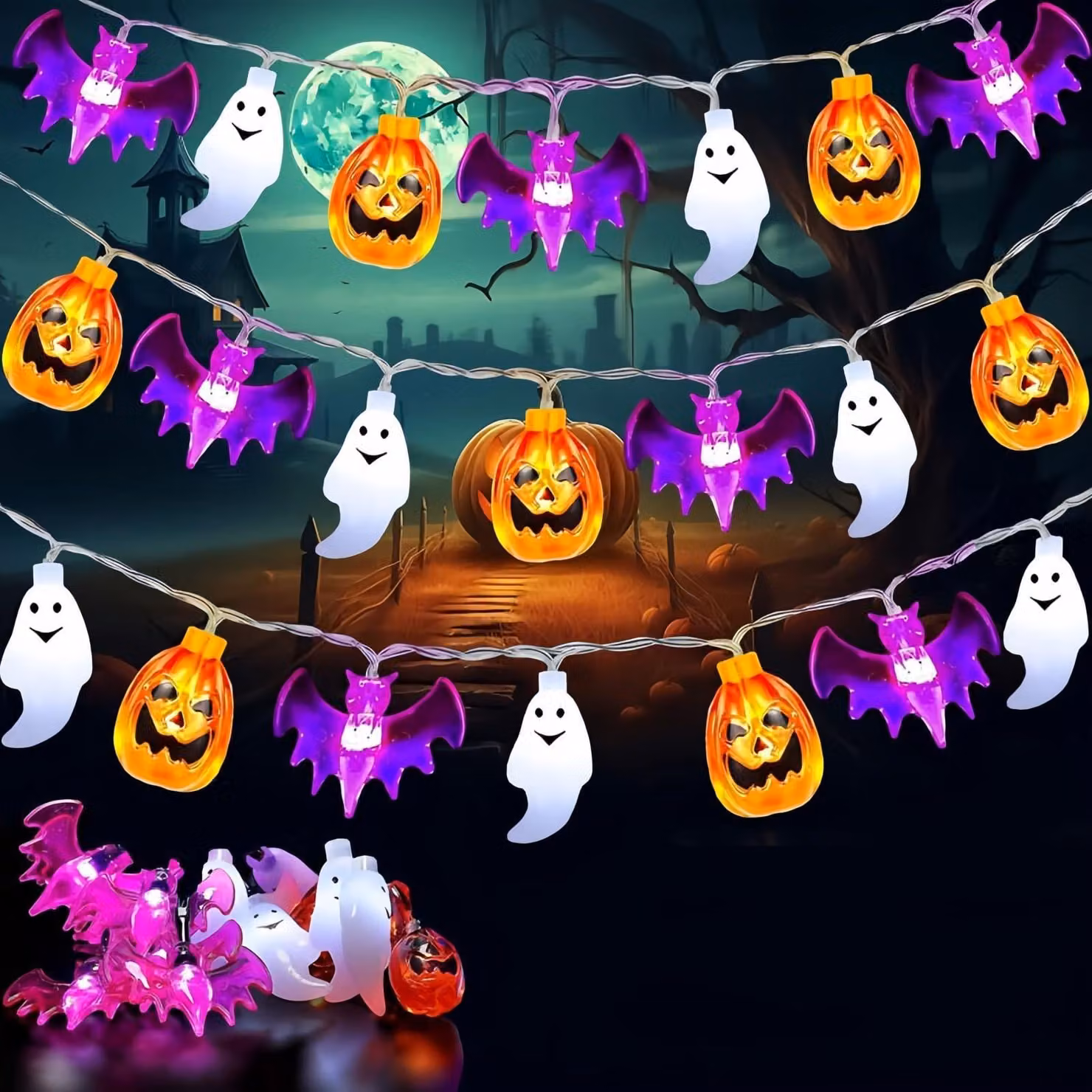 Catena luminosa a tema Halloween, 6 metri, 40 LED, con decorazioni a forma di zucca, pipistrello e fantasma